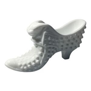 Fenton White Hobnail Milk Glass Slipper Shoe with Cat Decoration